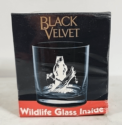 Wildlife Whiskey Glass In Box W/ Etched Bear Black Velvet Bar Decor NEW