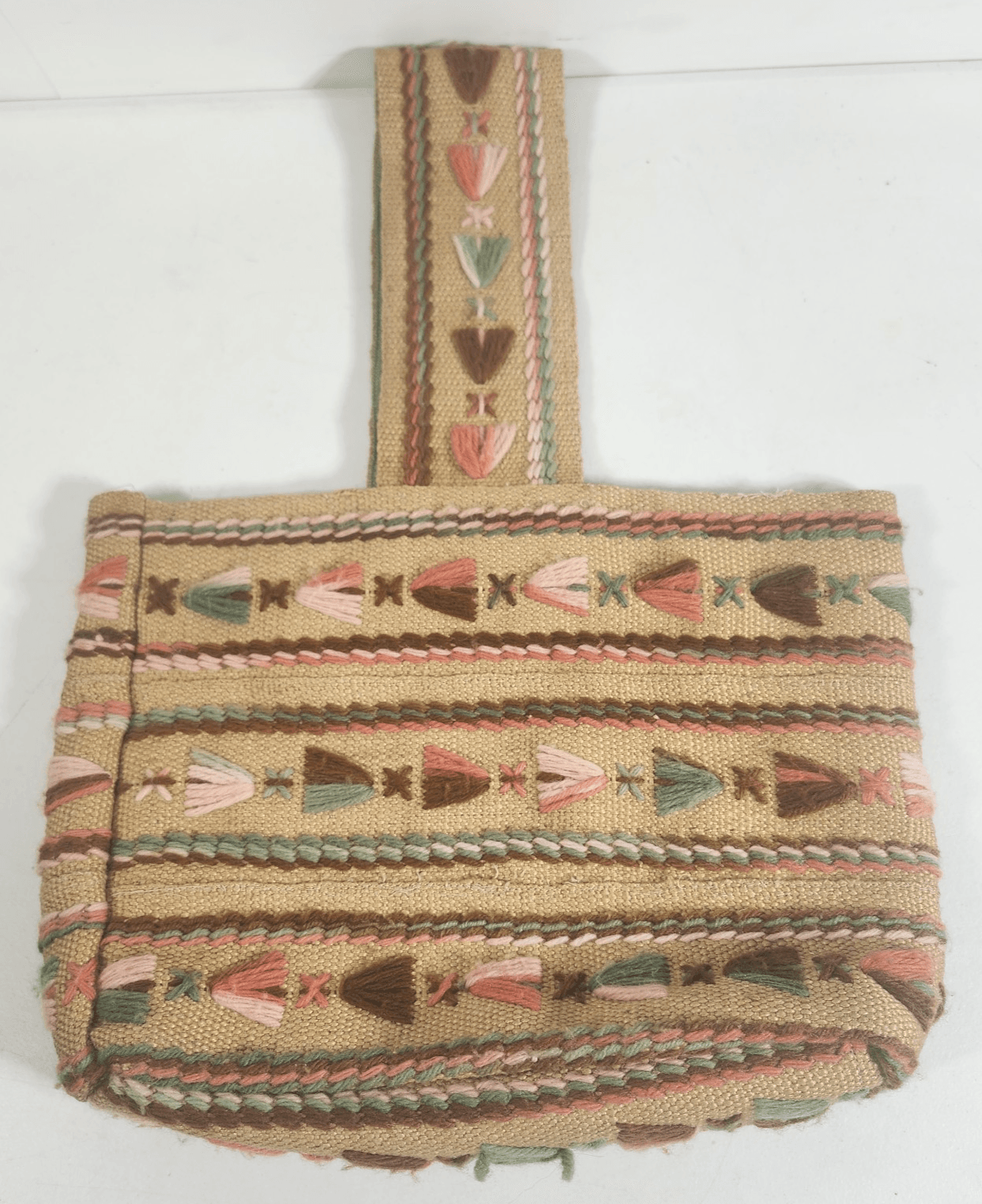 Burlap Crewel Yarn Embroidered Handmade Shoulder Bag Purse Tote VTG 70s Boho