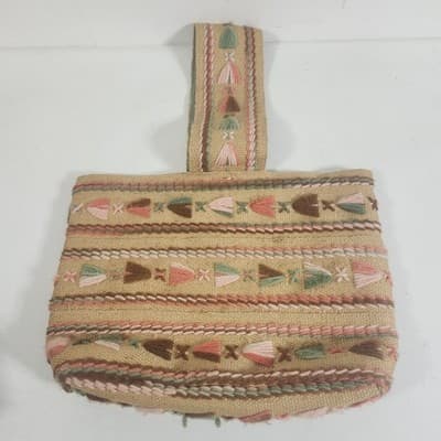 Burlap Crewel Yarn Embroidered Handmade Shoulder Bag Purse Tote VTG 70s Boho - Thumbnail 5