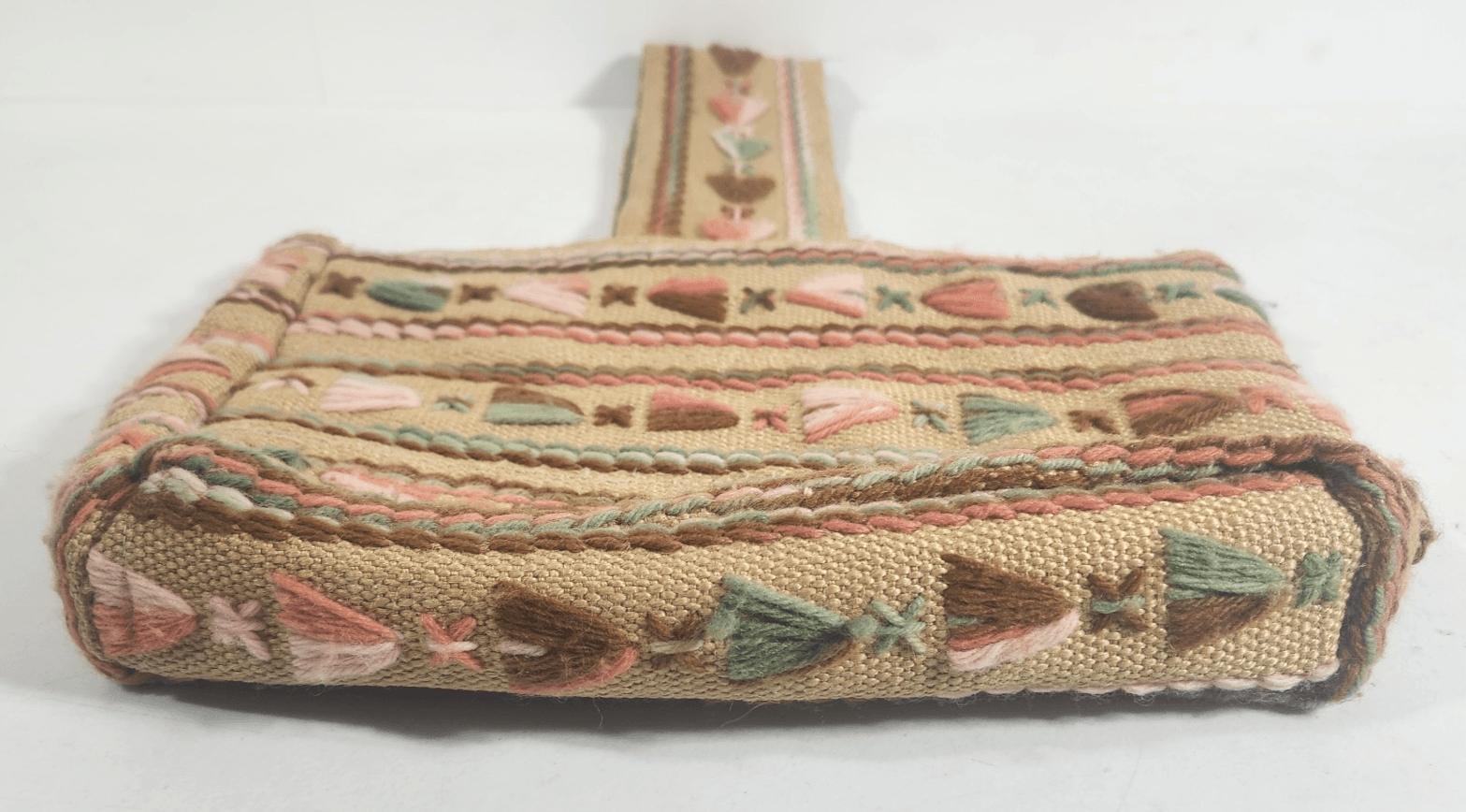 Burlap Crewel Yarn Embroidered Handmade Shoulder Bag Purse Tote VTG 70s Boho - Thumbnail 4
