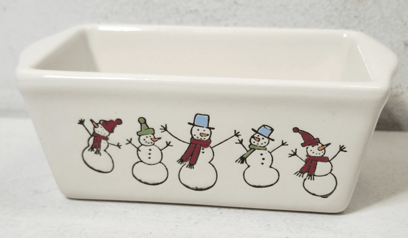 Nantucket Stoneware Mini Ceramic Christmas Loaf Pan Snowman Snowflake