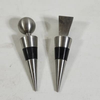 Set of 2 Heavy Silver Metal Wine Barware Cork Bottle Stoppers - Thumbnail 2