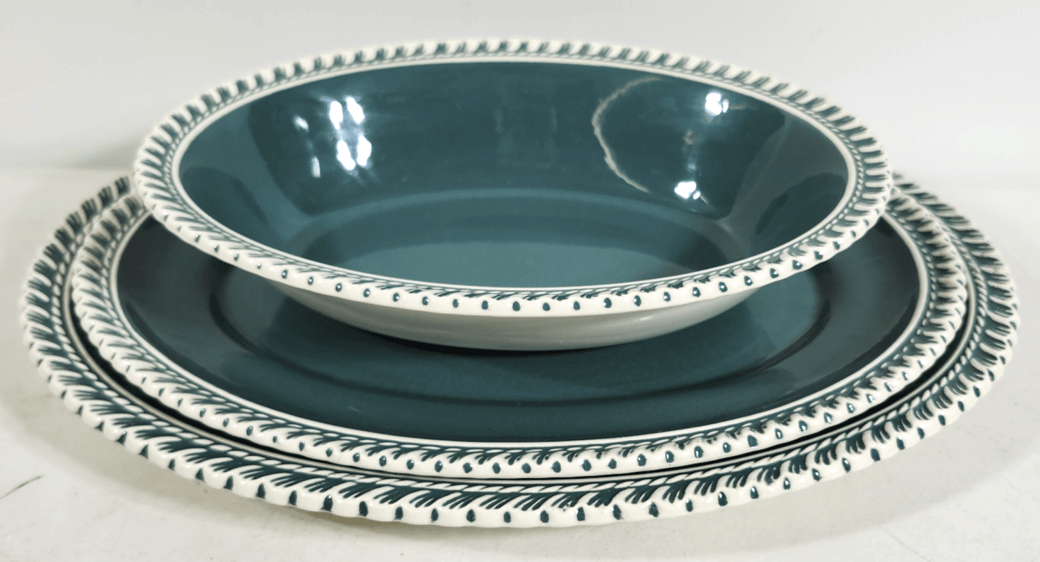 3 Harker Ware Dark Teal Green Serving Plates White Gadroon Edge And 1 Bowl