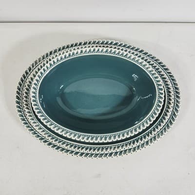 3 Harker Ware Dark Teal Green Serving Plates White Gadroon Edge And 1 Bowl - Thumbnail 3