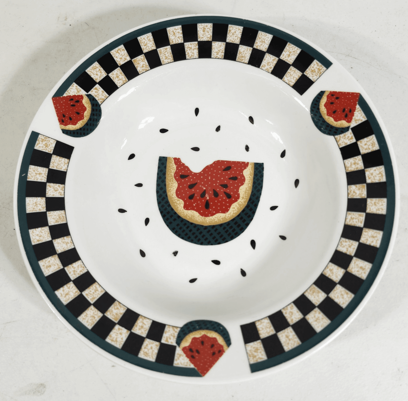 Tabletops Unlimited Fresh Watermelon Vegetable Serving Bowl Checkered Rim 10"