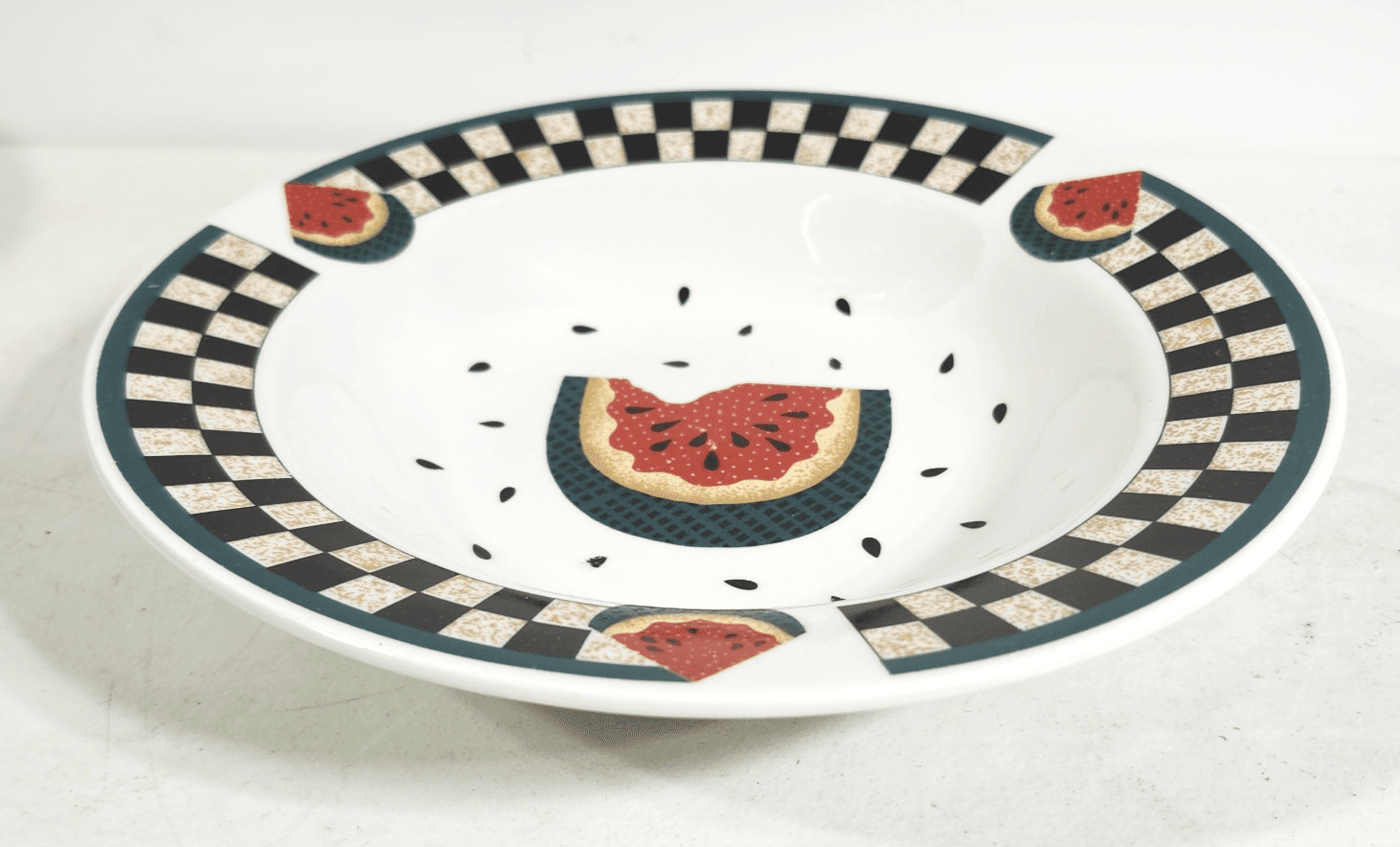 Tabletops Unlimited Fresh Watermelon Vegetable Serving Bowl Checkered Rim 10" - Thumbnail 3