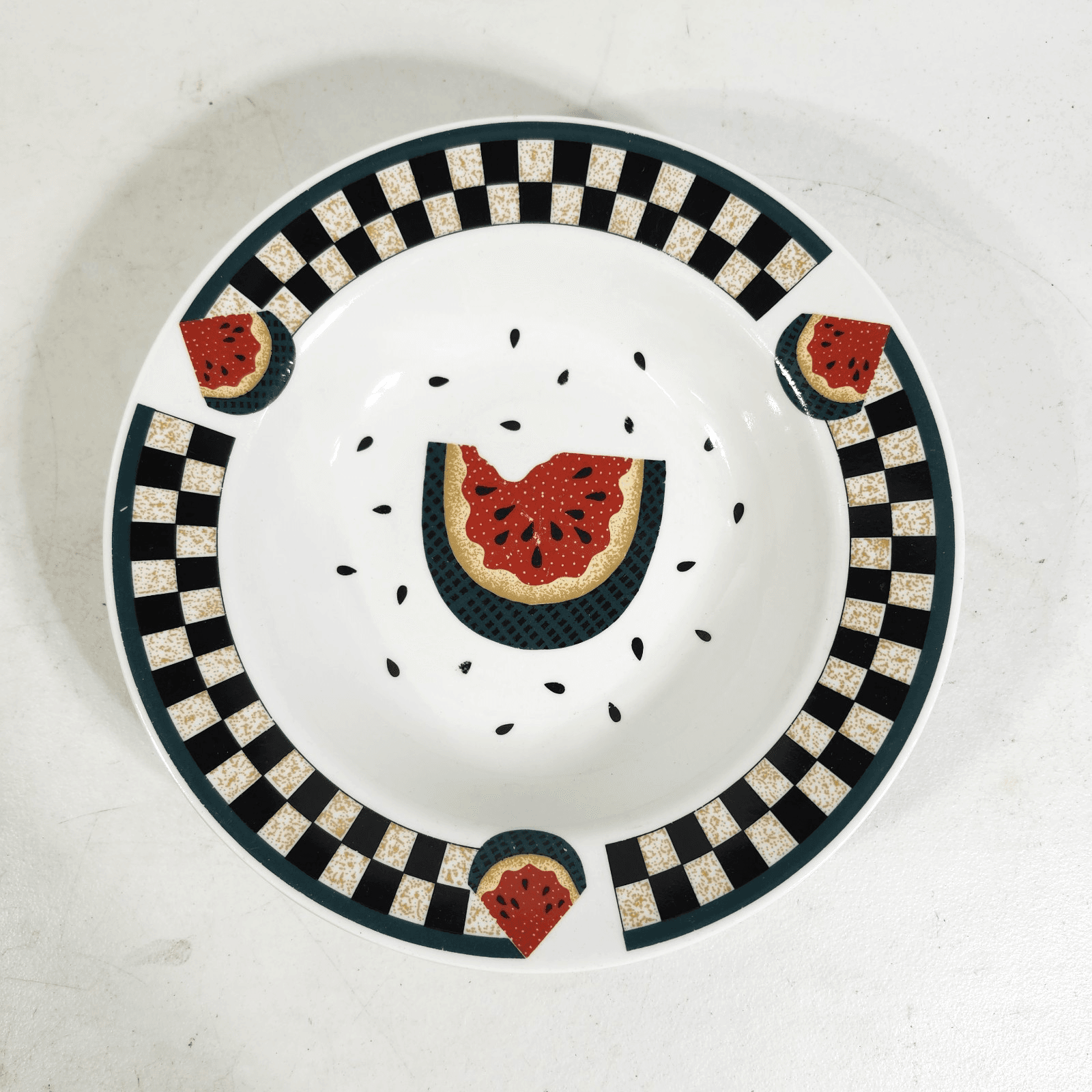 Tabletops Unlimited Fresh Watermelon Vegetable Serving Bowl Checkered Rim 10" - Thumbnail 2