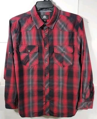Rock & Republic Men's Size Large Red Black Plaid Button Up Long Sleeve Shirt