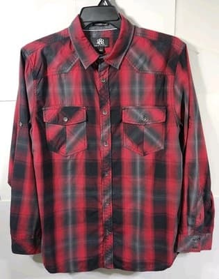 Rock & Republic Men's Size Large Red Black Plaid Button Up Long Sleeve Shirt - Thumbnail 5