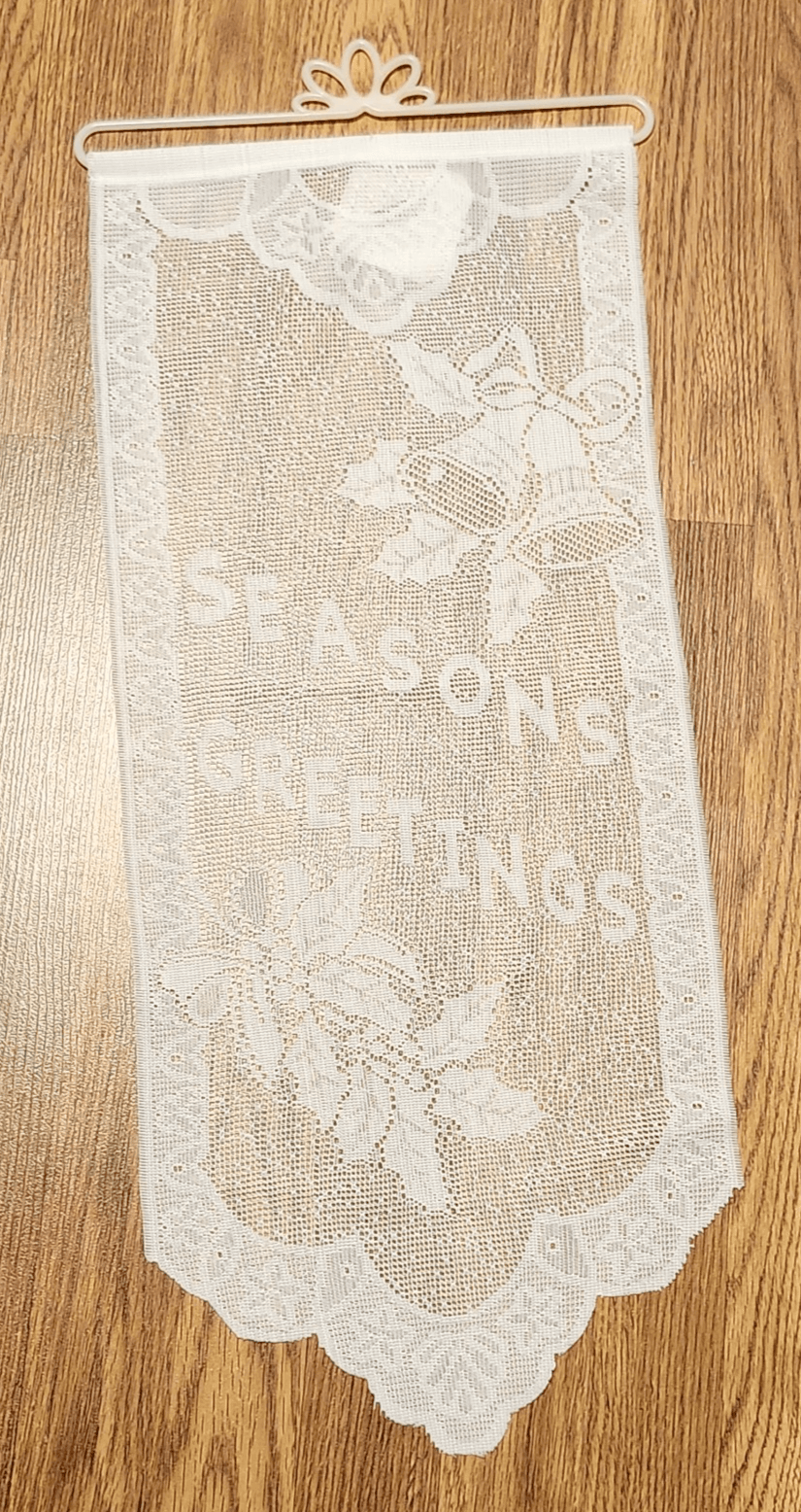 Vintage White Seasons Greetings Home Banner Wall Hanging w Hanger 26" - Thumbnail 2