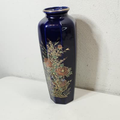 Vintage Ray Control Japanese Blue Vase with Flower Bird Design Home Decor - Thumbnail 3