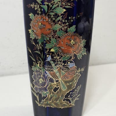 Vintage Ray Control Japanese Blue Vase with Flower Bird Design Home Decor - Thumbnail 10