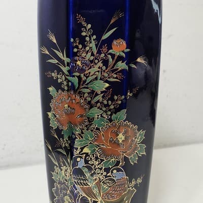 Vintage Ray Control Japanese Blue Vase with Flower Bird Design Home Decor - Thumbnail 11