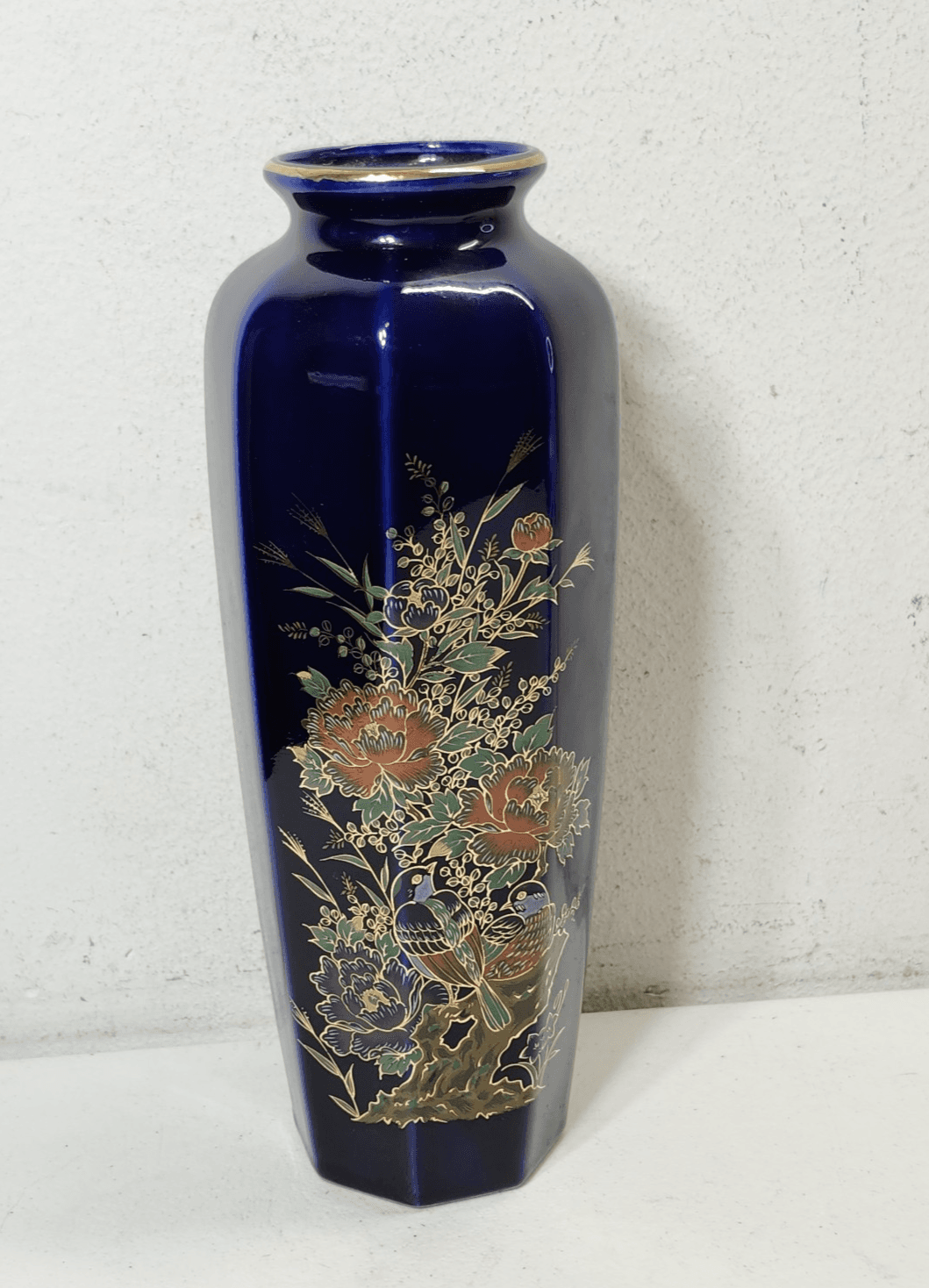 Vintage Ray Control Japanese Blue Vase with Flower Bird Design Home Decor - Thumbnail 2