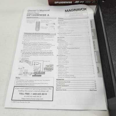 Magnavox DVD Player DP100MW8B W/Remote AV Cord Box Instructions - Thumbnail 3