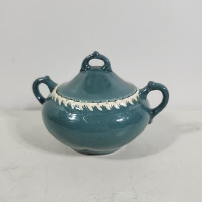 Antique Harker Ware Pottery Cream And Sugar W/Lid Teal Green - Thumbnail 6