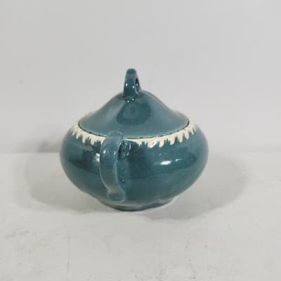 Antique Harker Ware Pottery Cream And Sugar W/Lid Teal Green - Thumbnail 5