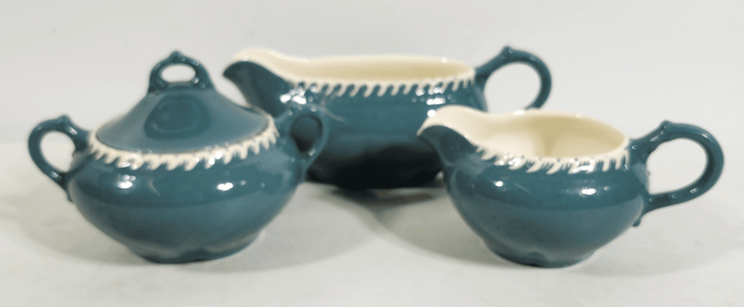 Antique Harker Ware Pottery Cream And Sugar W/Lid Teal Green - Thumbnail 2