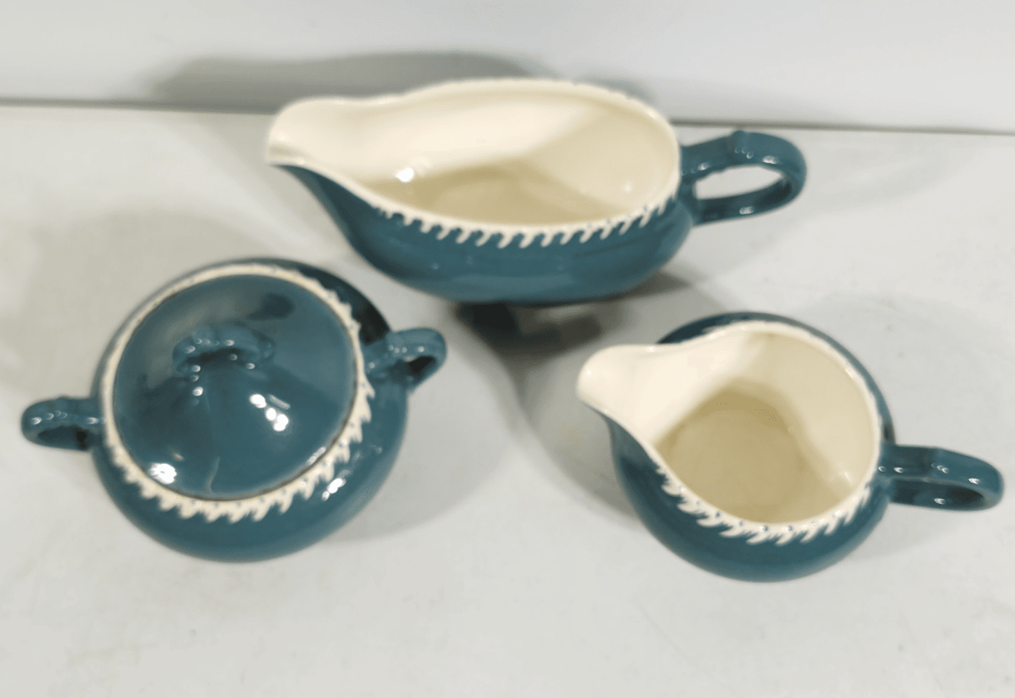 Antique Harker Ware Pottery Cream And Sugar W/Lid Teal Green - Thumbnail 3