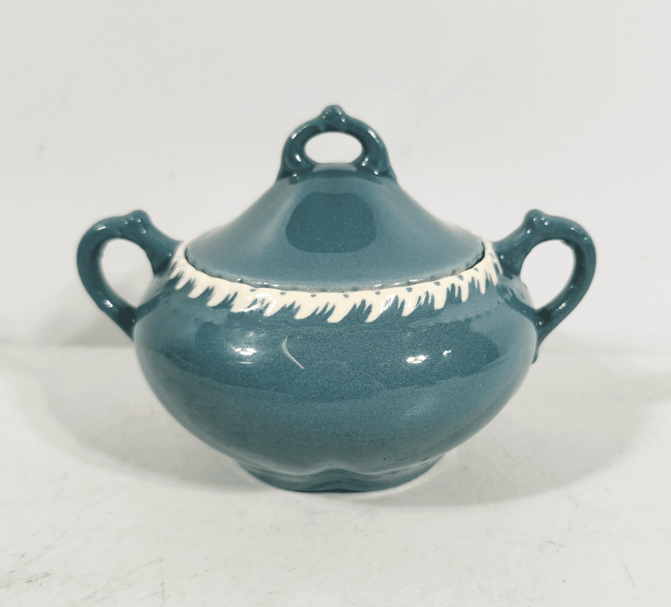 Antique Harker Ware Pottery Cream And Sugar W/Lid Teal Green - Thumbnail 4