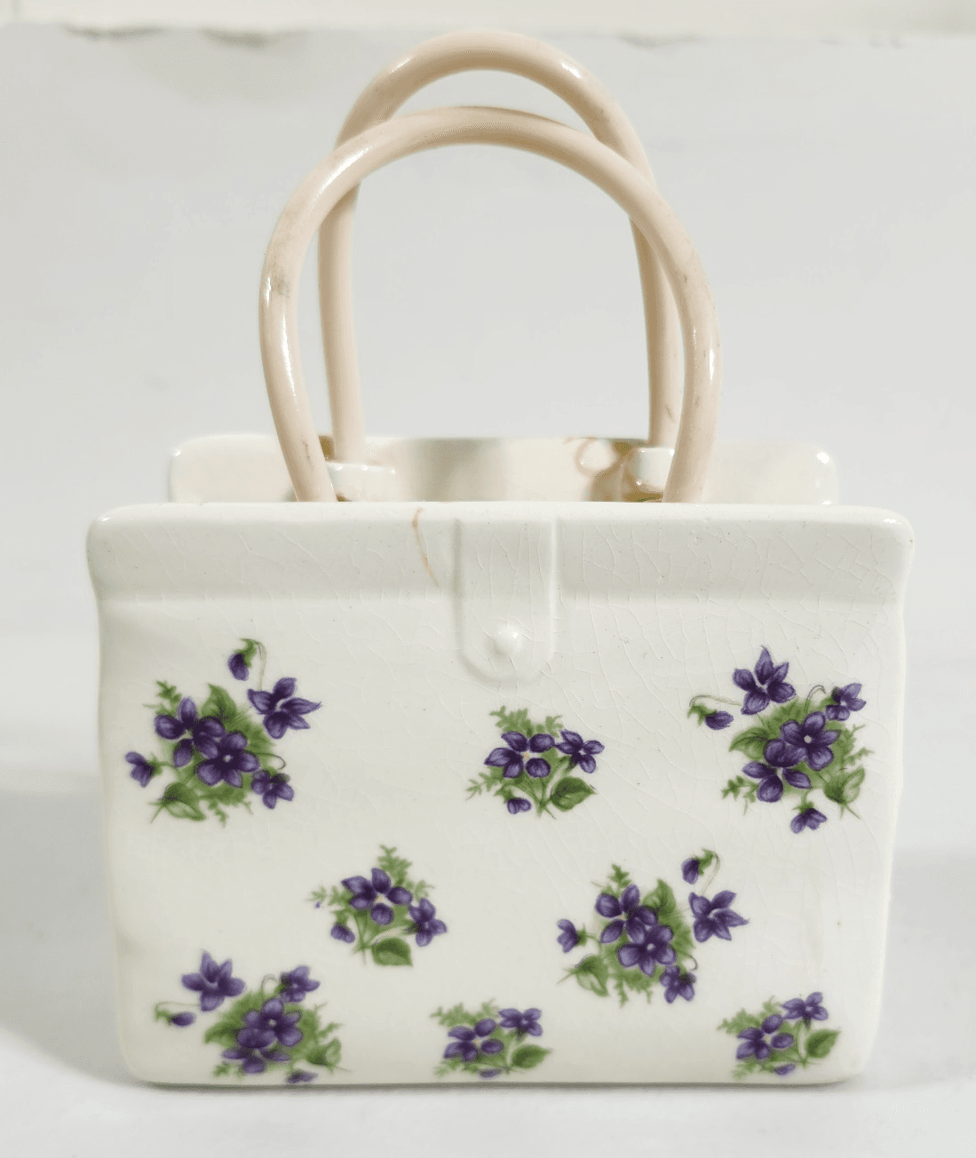 Vintage Lefton Porcelain Shopping Gift Bag Vase Planter W/ Purple Flowers - Thumbnail 2
