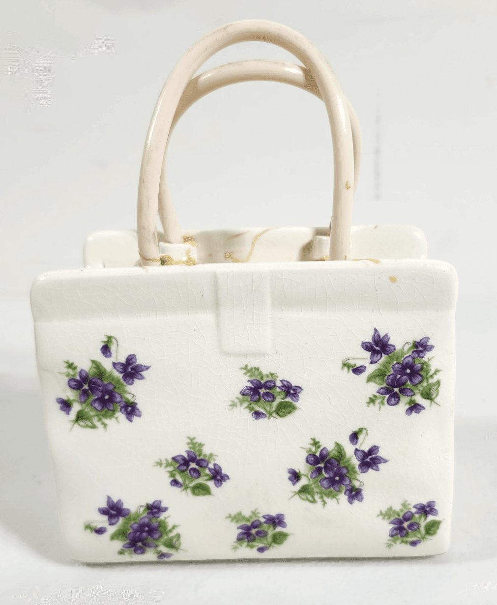 Vintage Lefton Porcelain Shopping Gift Bag Vase Planter W/ Purple Flowers - Thumbnail 5