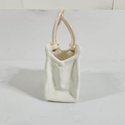 Vintage Lefton Porcelain Shopping Gift Bag Vase Planter W/ Purple Flowers - Thumbnail 6