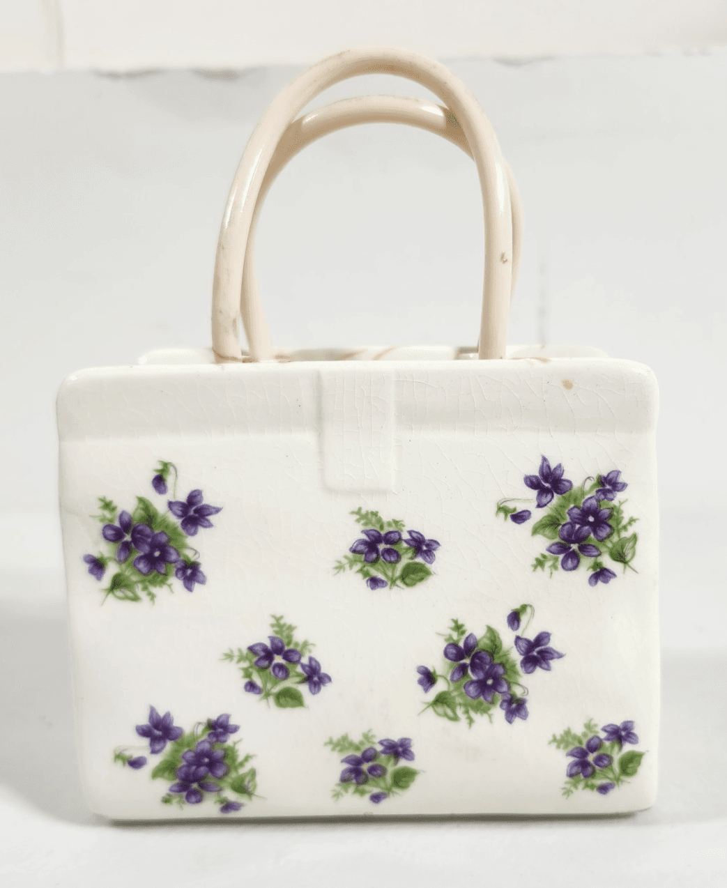 Vintage Lefton Porcelain Shopping Gift Bag Vase Planter W/ Purple Flowers - Thumbnail 4