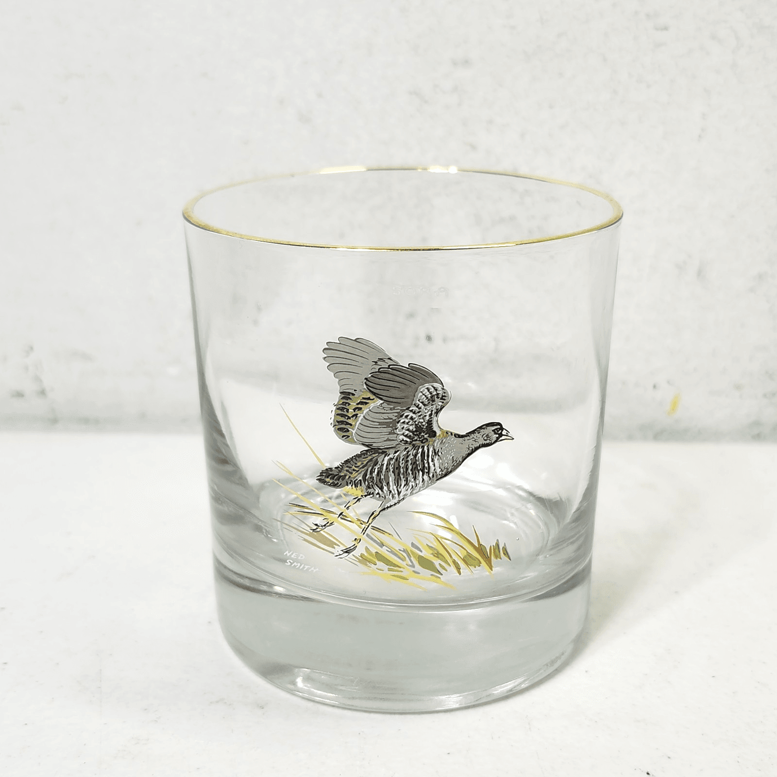 Vintage Ned Smith Bird Gold Rim Lowball Glass Sora Home Bar Decor - Thumbnail 2