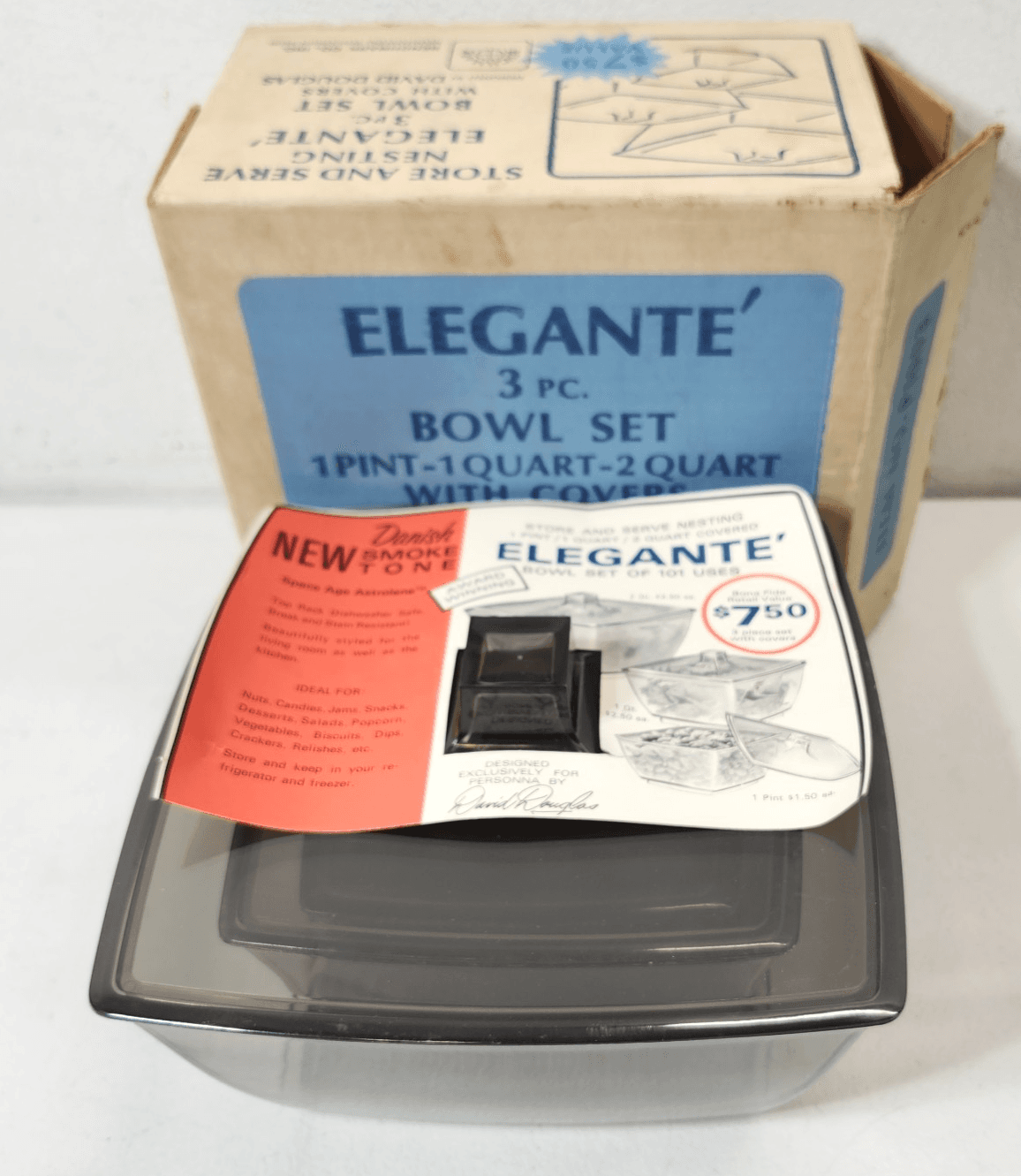 Vintage Elegante 3 Piece Bowl Set with Lids Danish Smoke Color Food Storage - Thumbnail 2