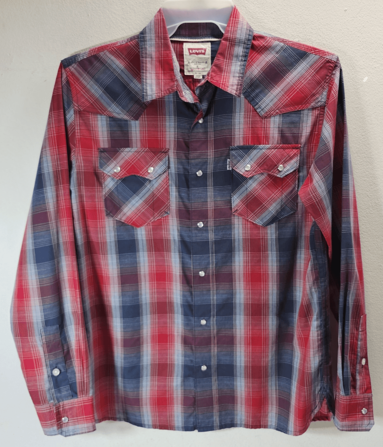 Levi's Western Cowboy Shirt Mens Small Pearl Snap Long Sleeve Red Blue Plaid - Thumbnail 5
