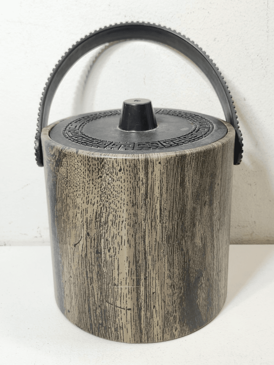 Vtg MCM Phoenixware Ice Bucket Faux Wood Greek Key Design Wine Chiller Barware - Thumbnail 2