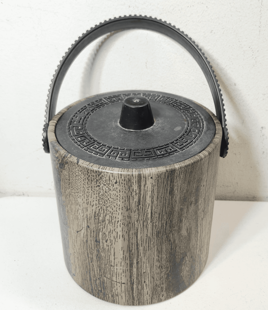 Vtg MCM Phoenixware Ice Bucket Faux Wood Greek Key Design Wine Chiller Barware - Thumbnail 3