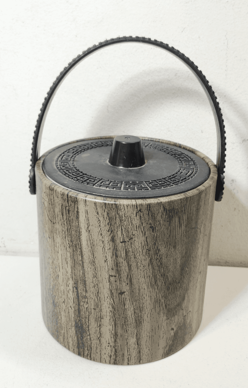 Vtg MCM Phoenixware Ice Bucket Faux Wood Greek Key Design Wine Chiller Barware - Thumbnail 5