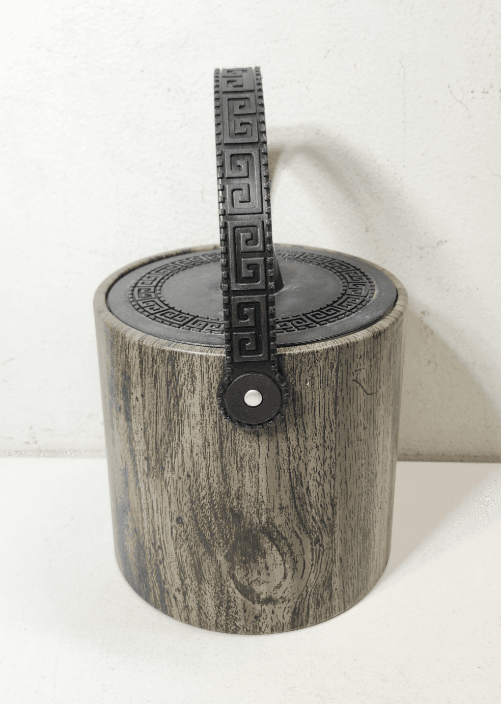 Vtg MCM Phoenixware Ice Bucket Faux Wood Greek Key Design Wine Chiller Barware - Thumbnail 4