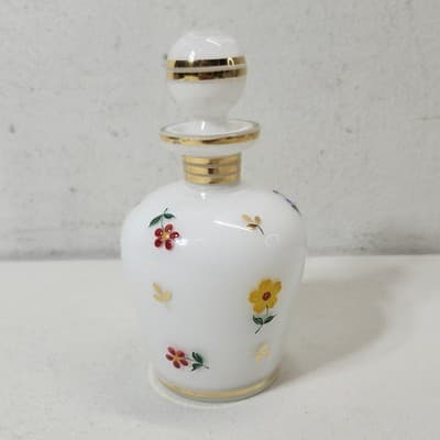 Vintage White Porcelain & Enamel Floral Perfume Bottle & Trinket Dish Set - Thumbnail 9