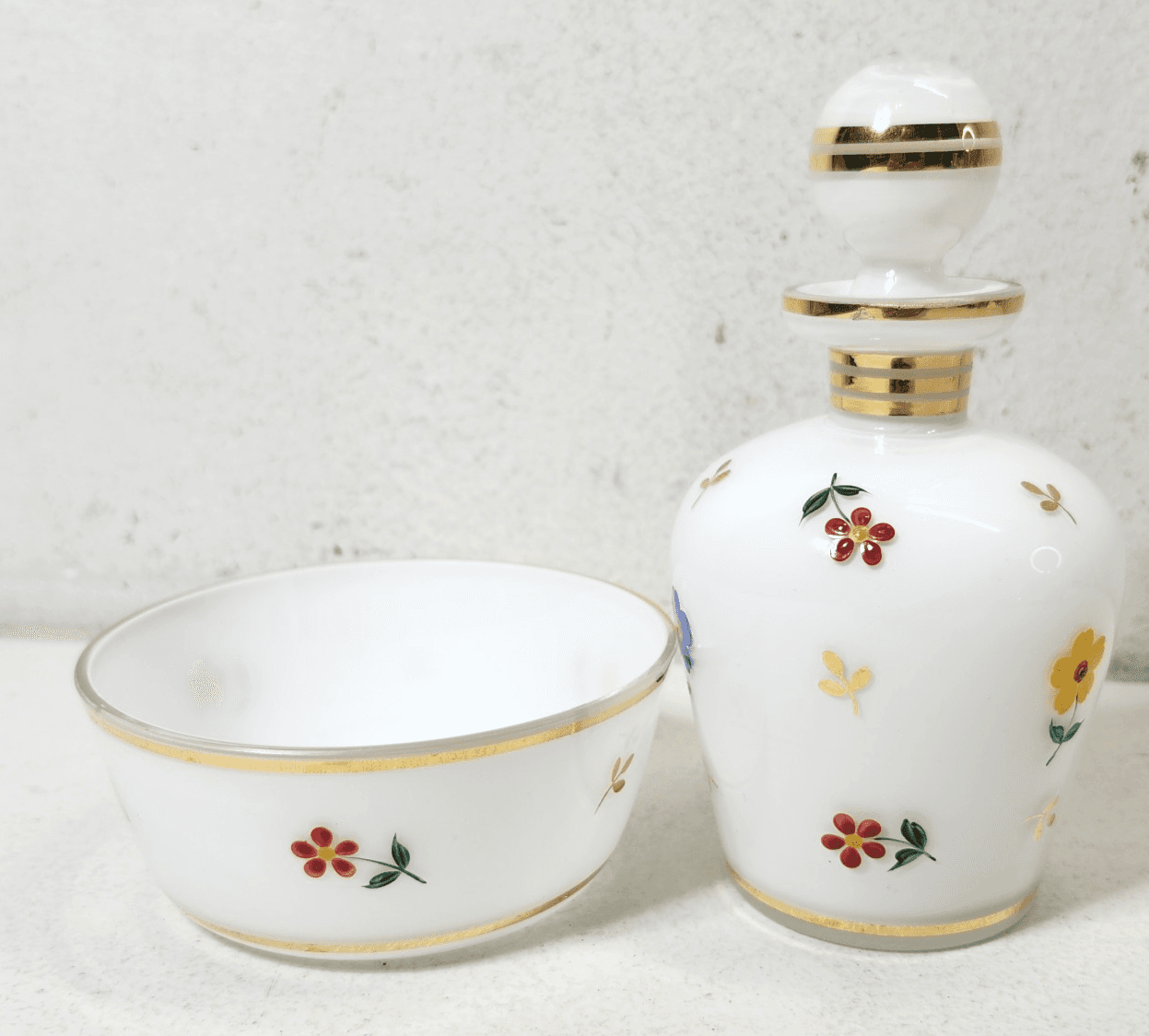 Vintage White Porcelain & Enamel Floral Perfume Bottle & Trinket Dish Set
