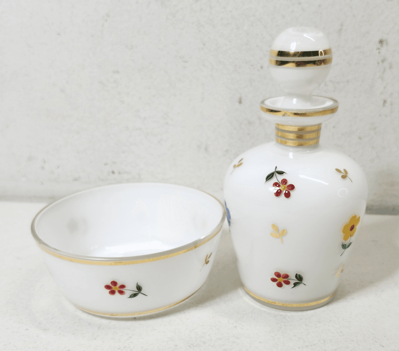 Vintage White Porcelain & Enamel Floral Perfume Bottle & Trinket Dish Set - Thumbnail 2