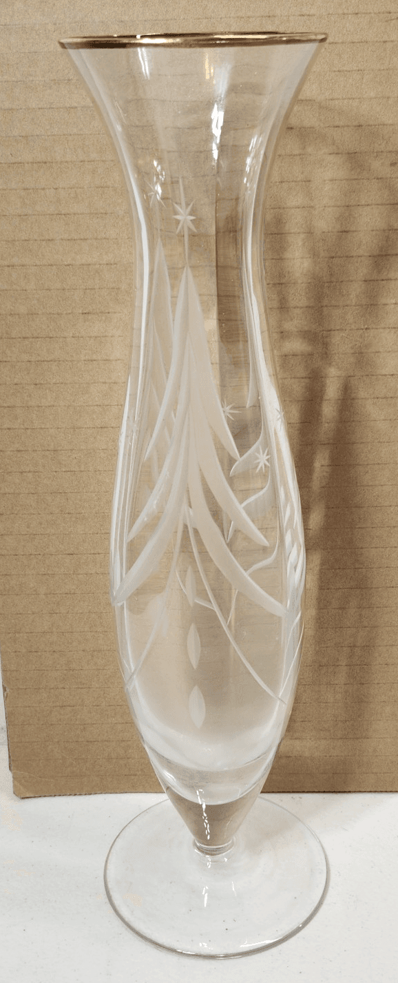 Vase 12" With Gold Rim Etched Design Home Decor Fluted Glass - Thumbnail 2