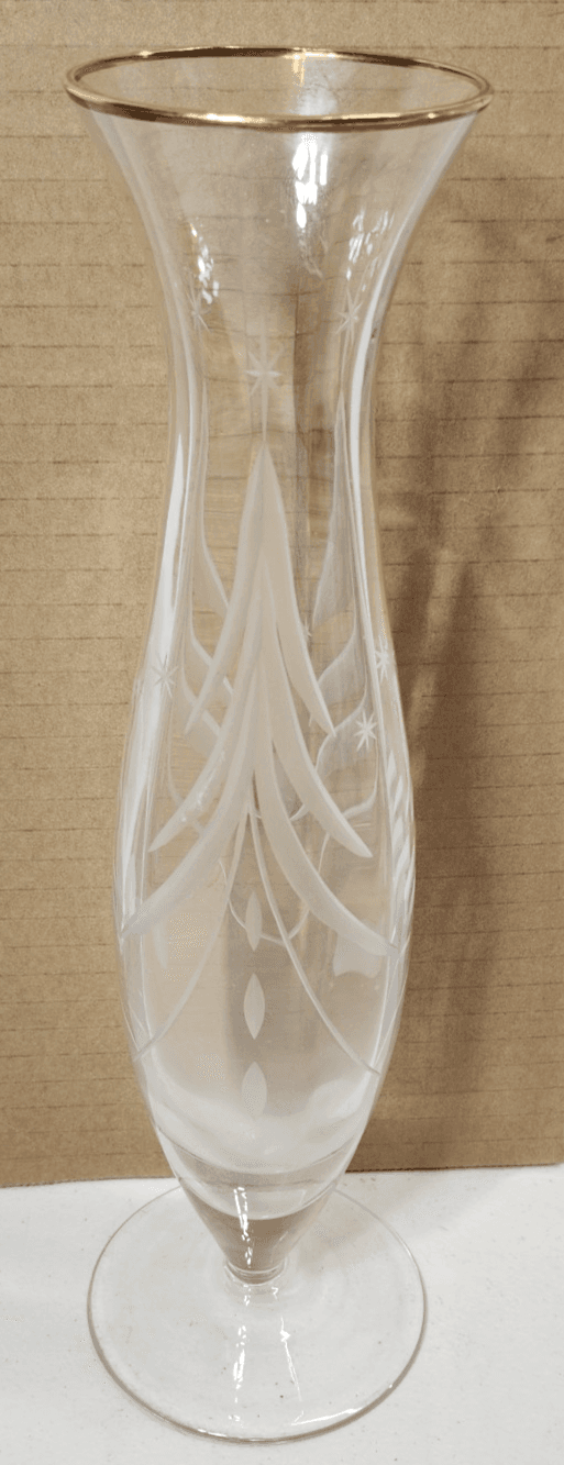 Vase 12" With Gold Rim Etched Design Home Decor Fluted Glass