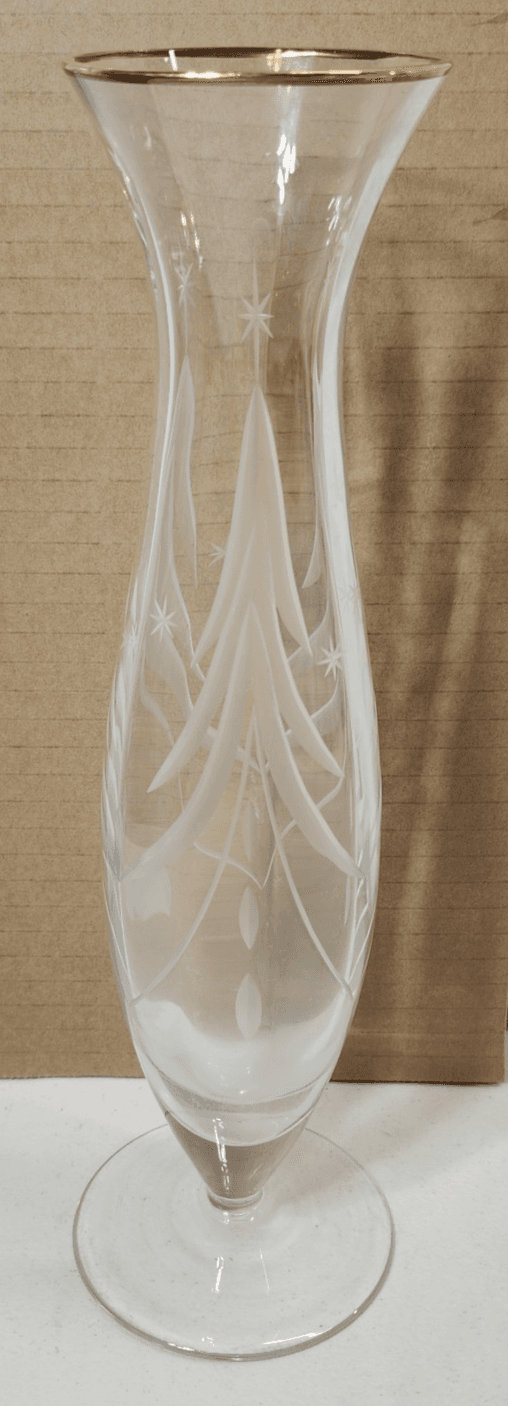 Vase 12" With Gold Rim Etched Design Home Decor Fluted Glass - Thumbnail 4