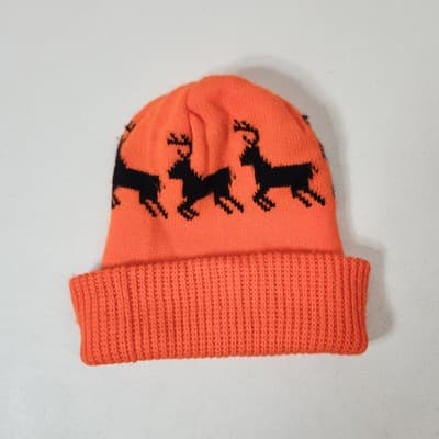 Men's Winter Hat Orange and Black Reindeer Beanie Hunting Theme - Thumbnail 5