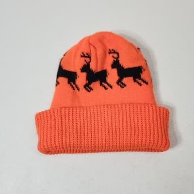 Men's Winter Hat Orange and Black Reindeer Beanie Hunting Theme - Thumbnail 4