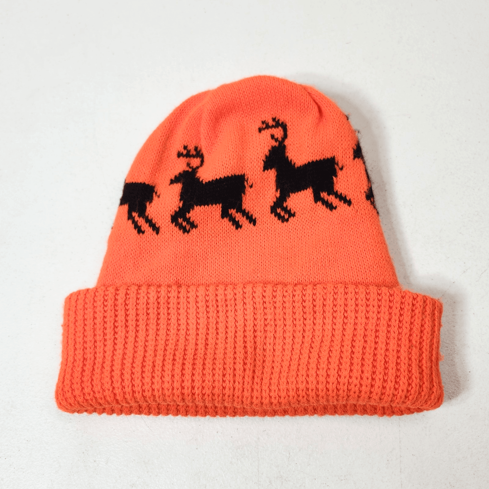 Men's Winter Hat Orange and Black Reindeer Beanie Hunting Theme