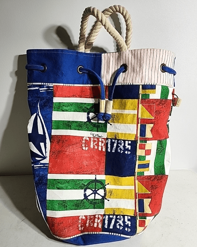 Paul Brent Canvas Nautical Striped Drawstring Beach Pool Bag - Thumbnail 7