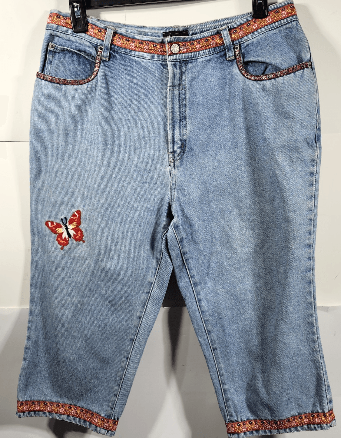 No Boundaries Women's 17 High Rise Crop Blue Denim Jeans Embroidered Bohemian - Thumbnail 5