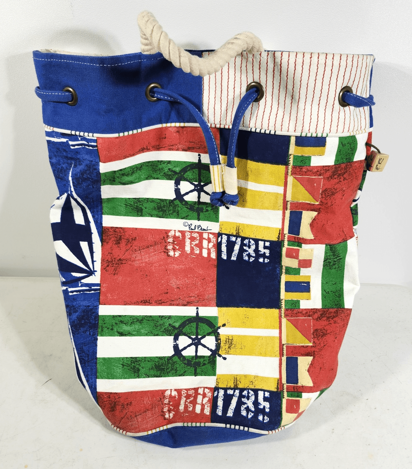 Paul Brent Canvas Nautical Striped Drawstring Beach Pool Bag - Thumbnail 2