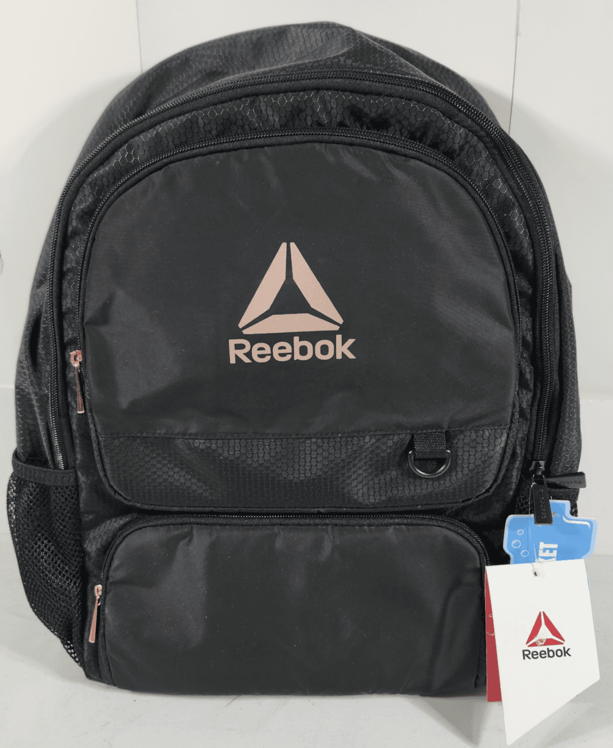 Reebok Paige 18" Backpack Black & Rose Gold Tech Laptop Sleeve Bottle Cell NEW