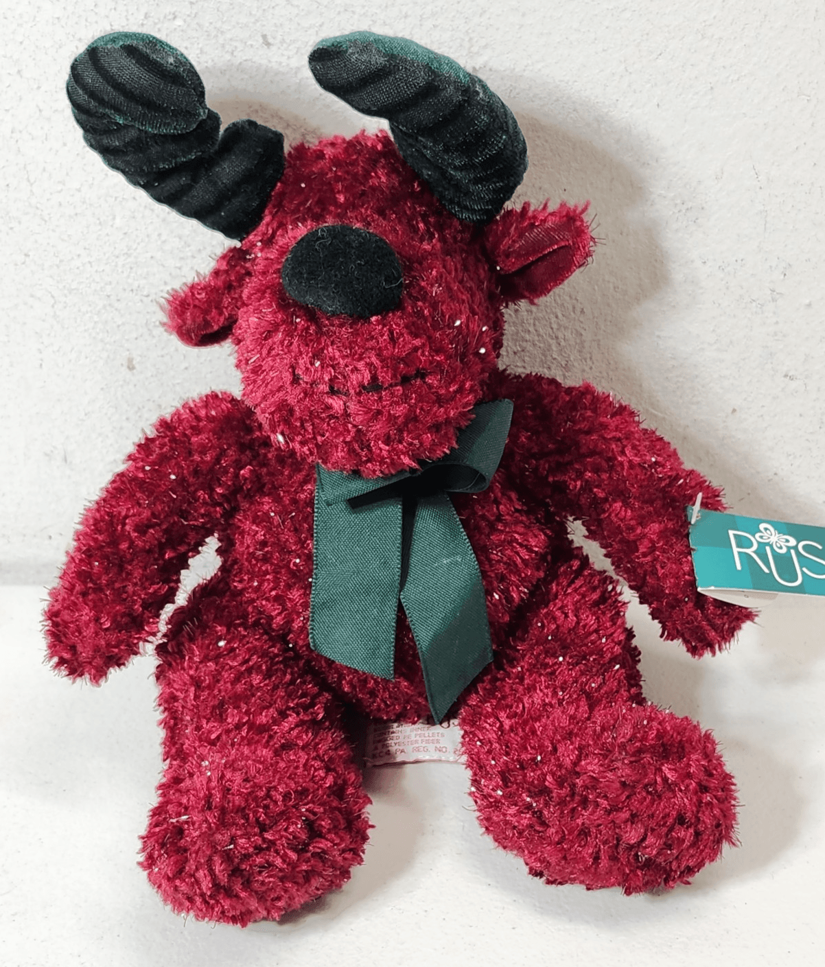 Vintage Russ Berrie Moose Plush Twinkle Cranberry Red Green Christmas Holiday