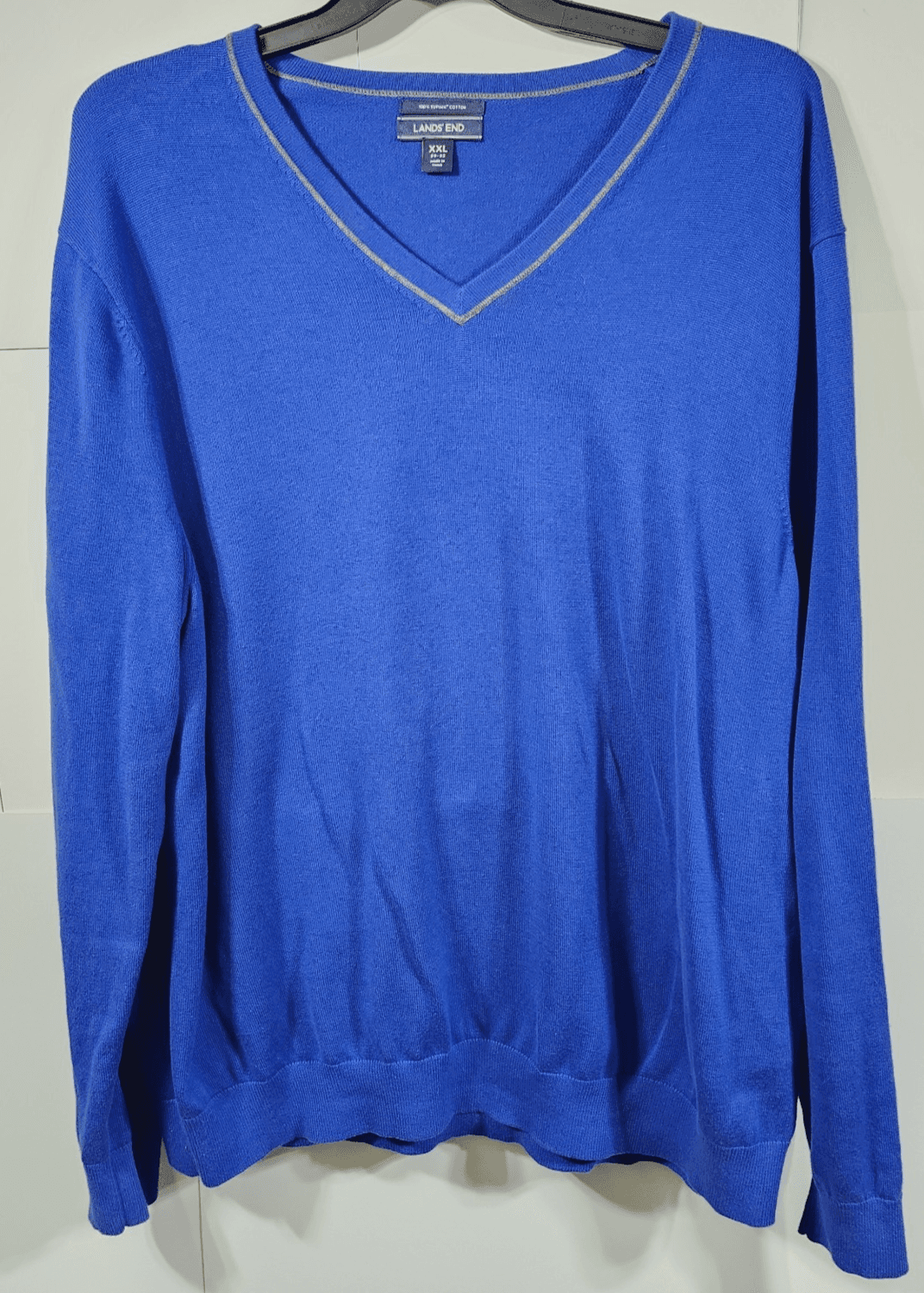 Lands' End Sweater Men's XXL Blue Supima Cotton V Neck Long Sleeve
